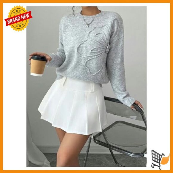 3D Floral Applique Knit Sweater Long Sleeve Drop Shoulder Pullover - Picture 6 of 6